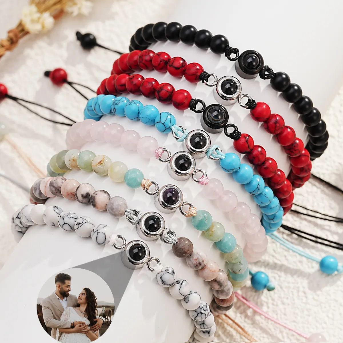 Pulseras de perlas con foto personalizada de proyección