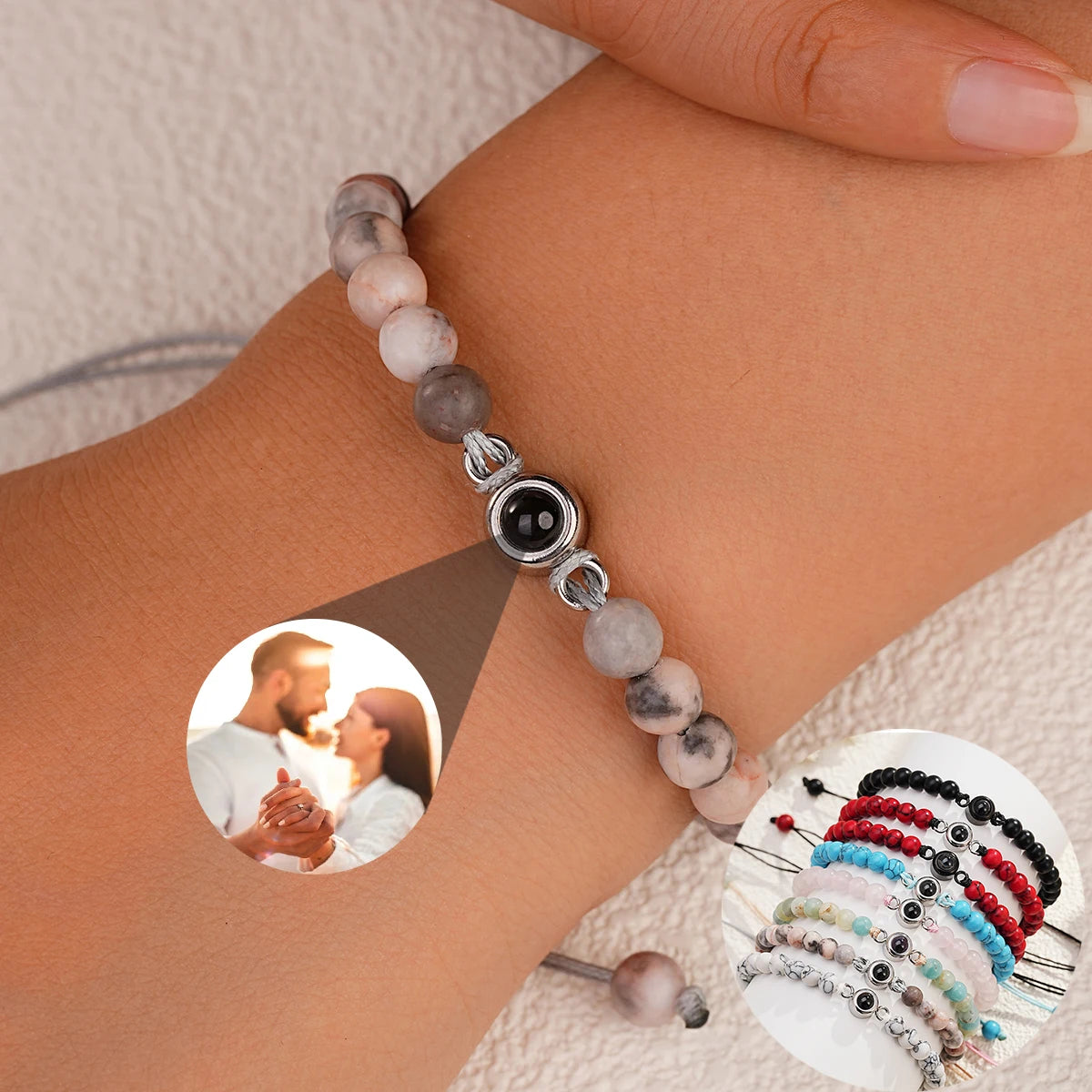 Pulseras de perlas con foto personalizada de proyección